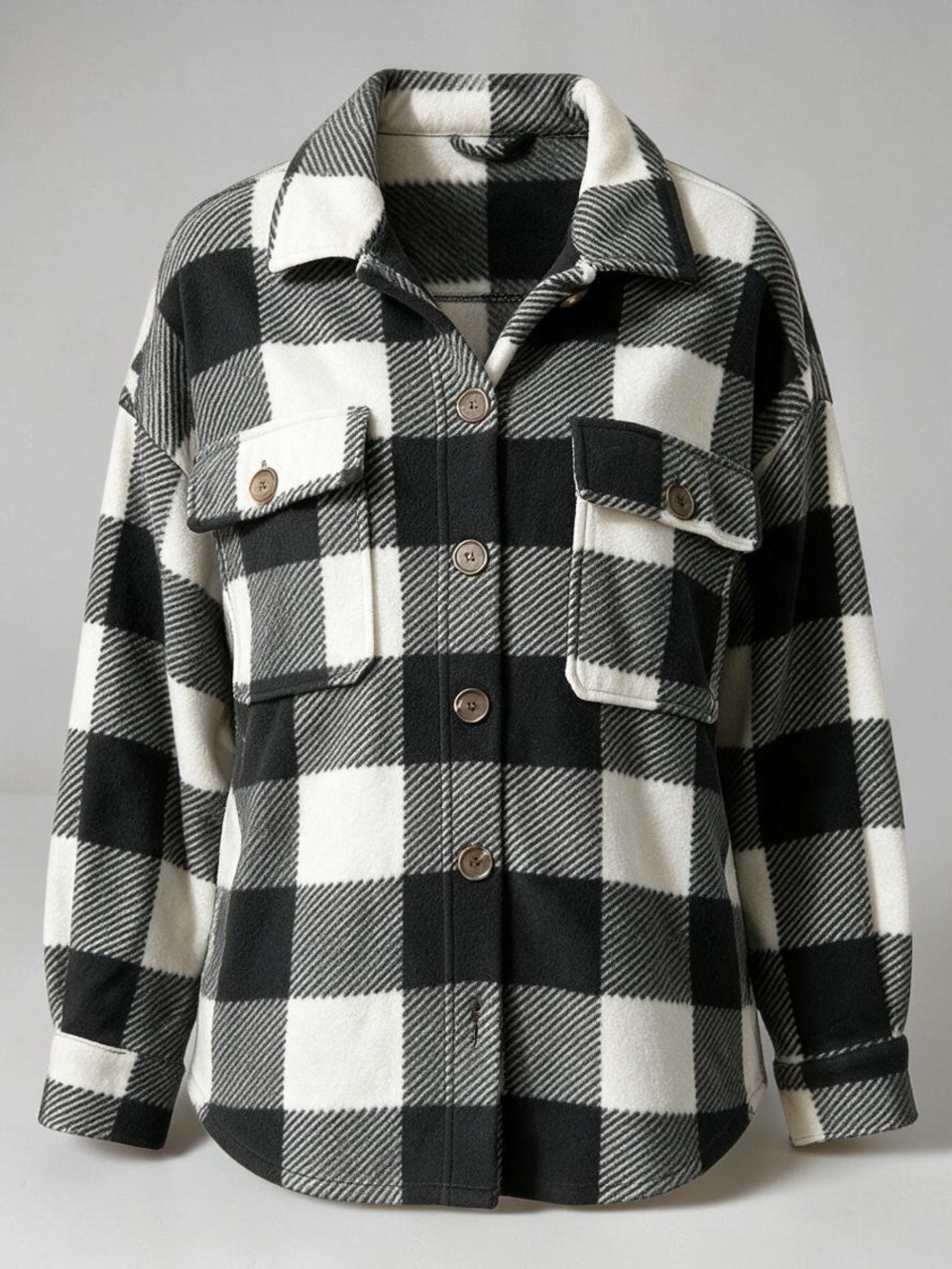Pink Rose Plaid Fleece Shacket Jacket Black White Size M